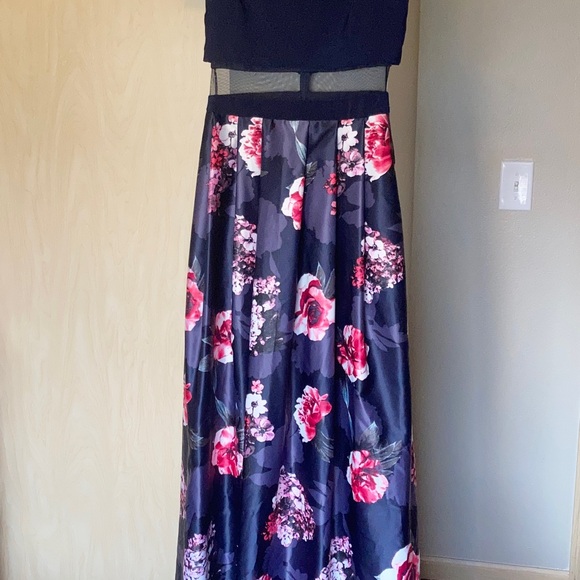 Betsy & Adam 6 Blue Floral Off Shoulder Dress Sleeveless Long Maxi Sheer Waist - Picture 4 of 12